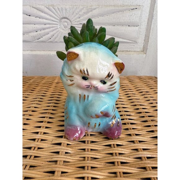 unbranded Other - Vintage 50's Blue Ceramic Cat Kitten Planter Pot Vase Kitsch Retro